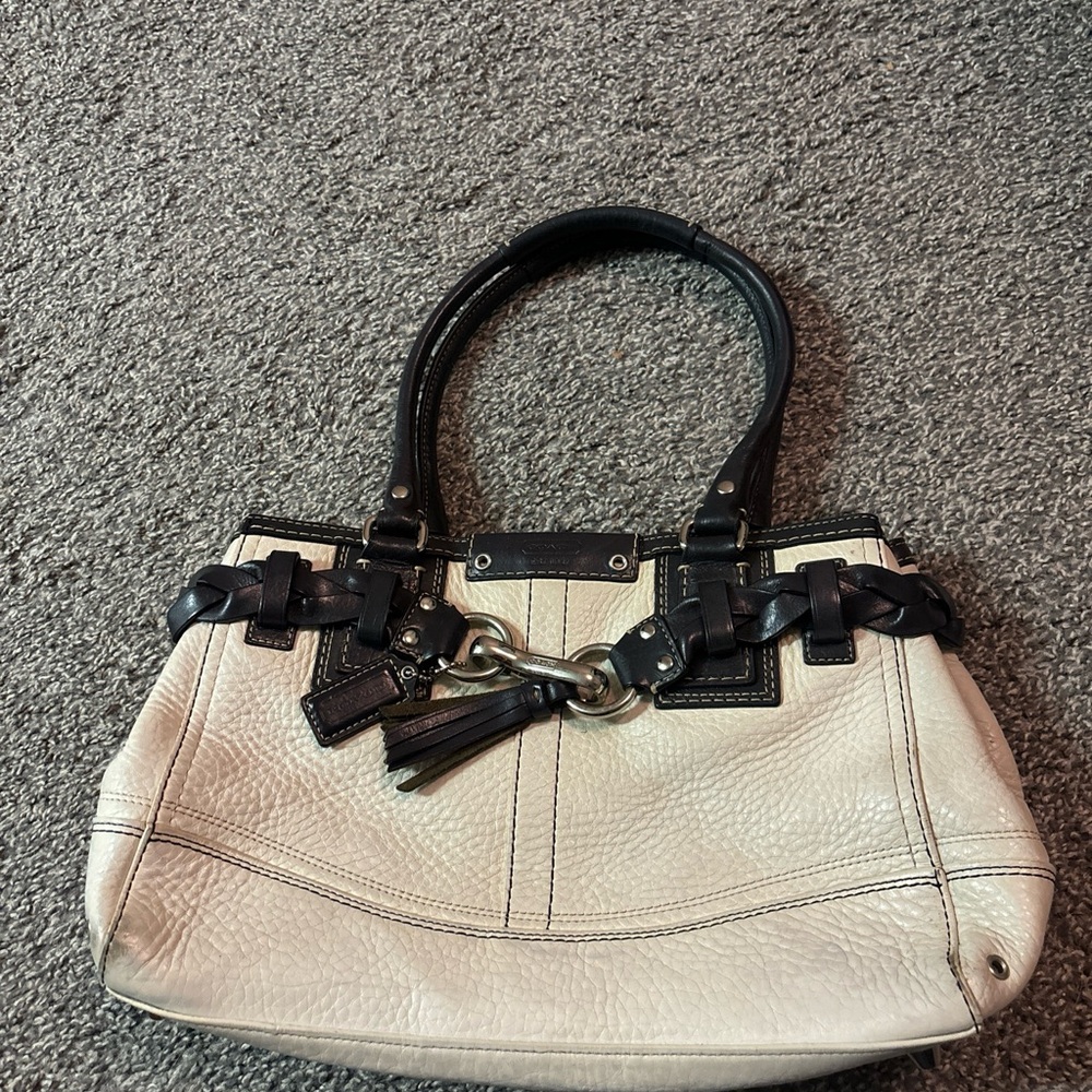 Coach Hampton Leather Black and White Shoulder Bag